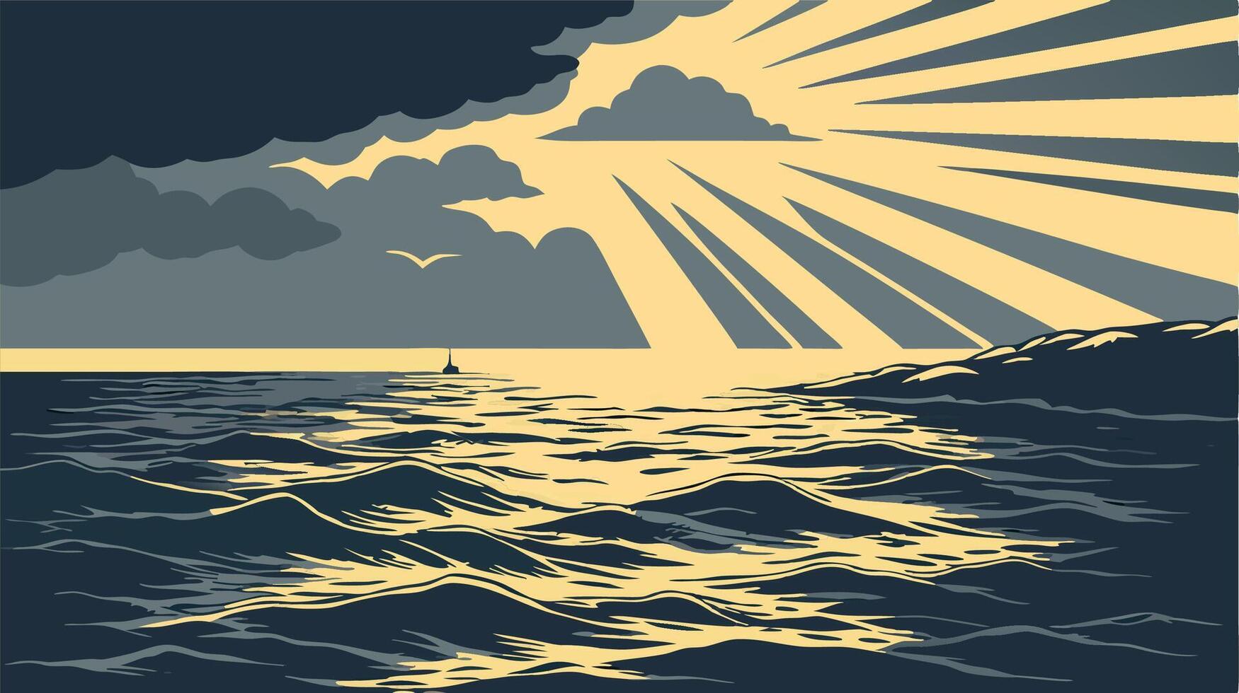 Seascape illustration Sun rays over ocean waves, sailboat vector