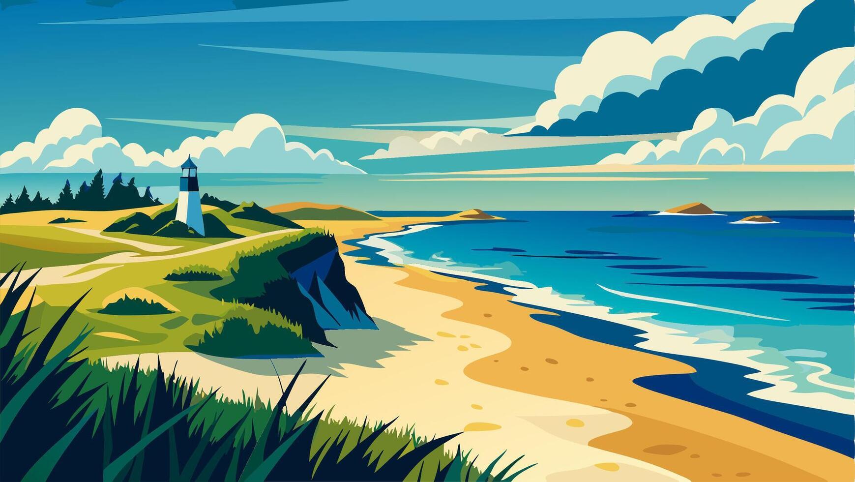 Lighthouse Coastal Scene Beach, Ocean, and Cliffs vector