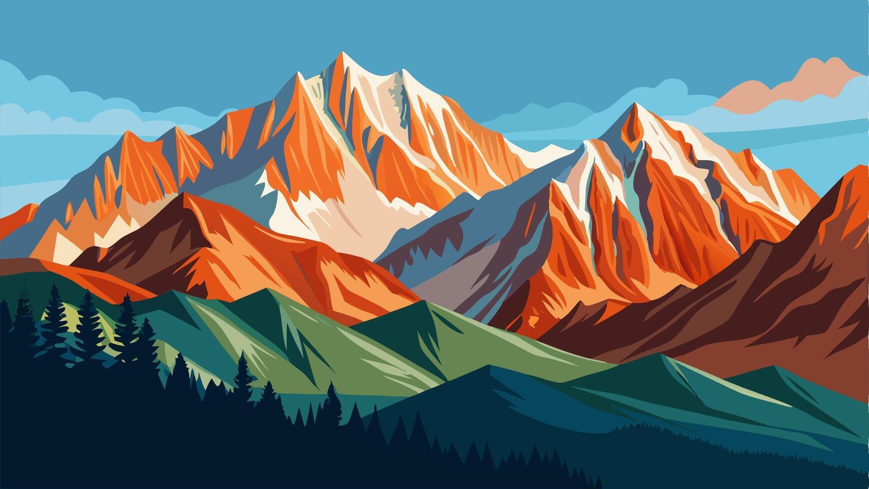Majestic Mountain Range Landscape Panoramic View of Snow Capped Peaks and Evergreen Forest vector