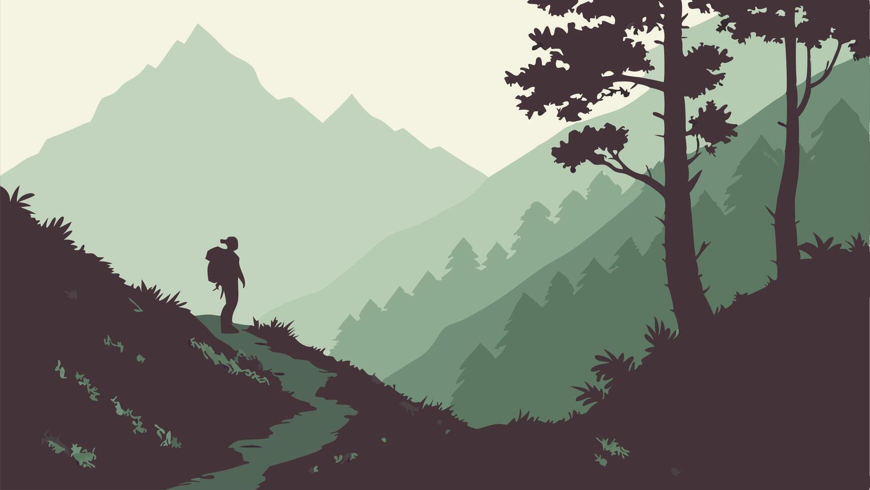 Silhouette of Hiker on Mountain Trail Landscape vector