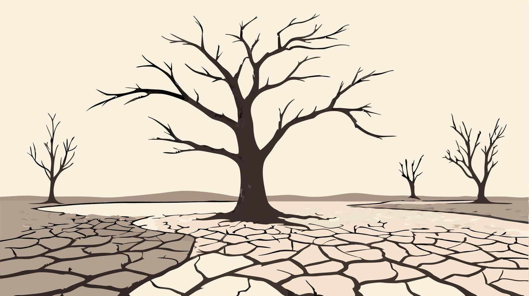 Dried cracked earth with dead trees, drought vector