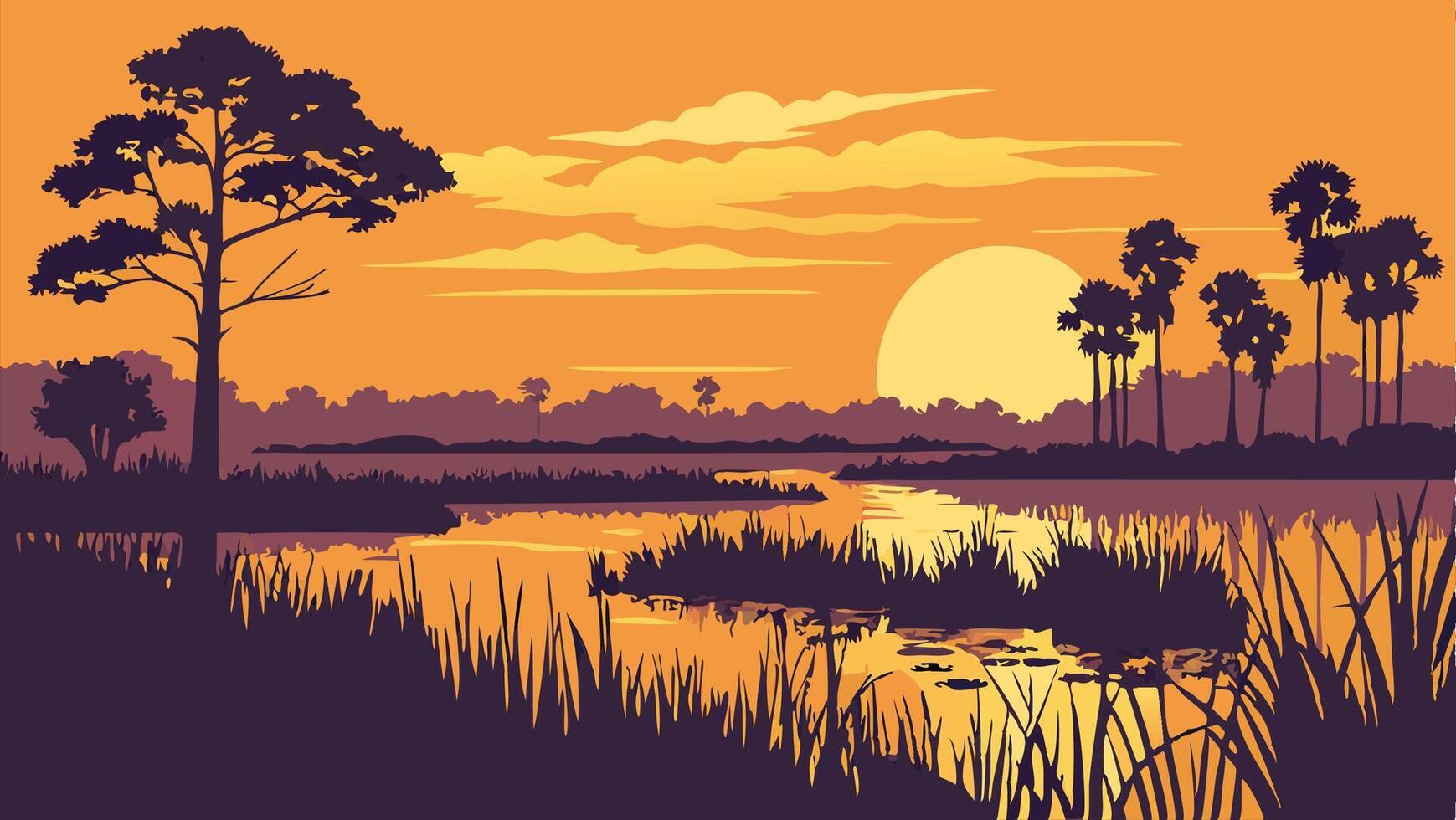 Sunset over Calm Lake with Silhouetted Trees and Grass vector