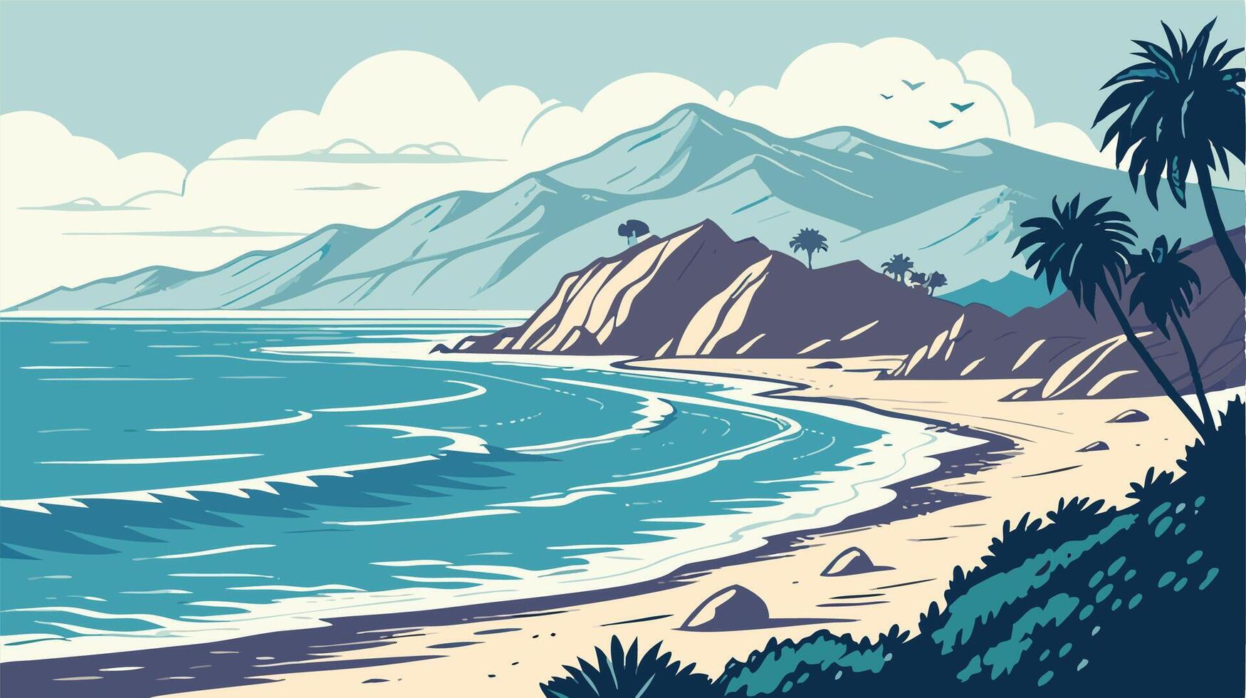 Serene Beach Cove with Mountains and Palm Trees vector