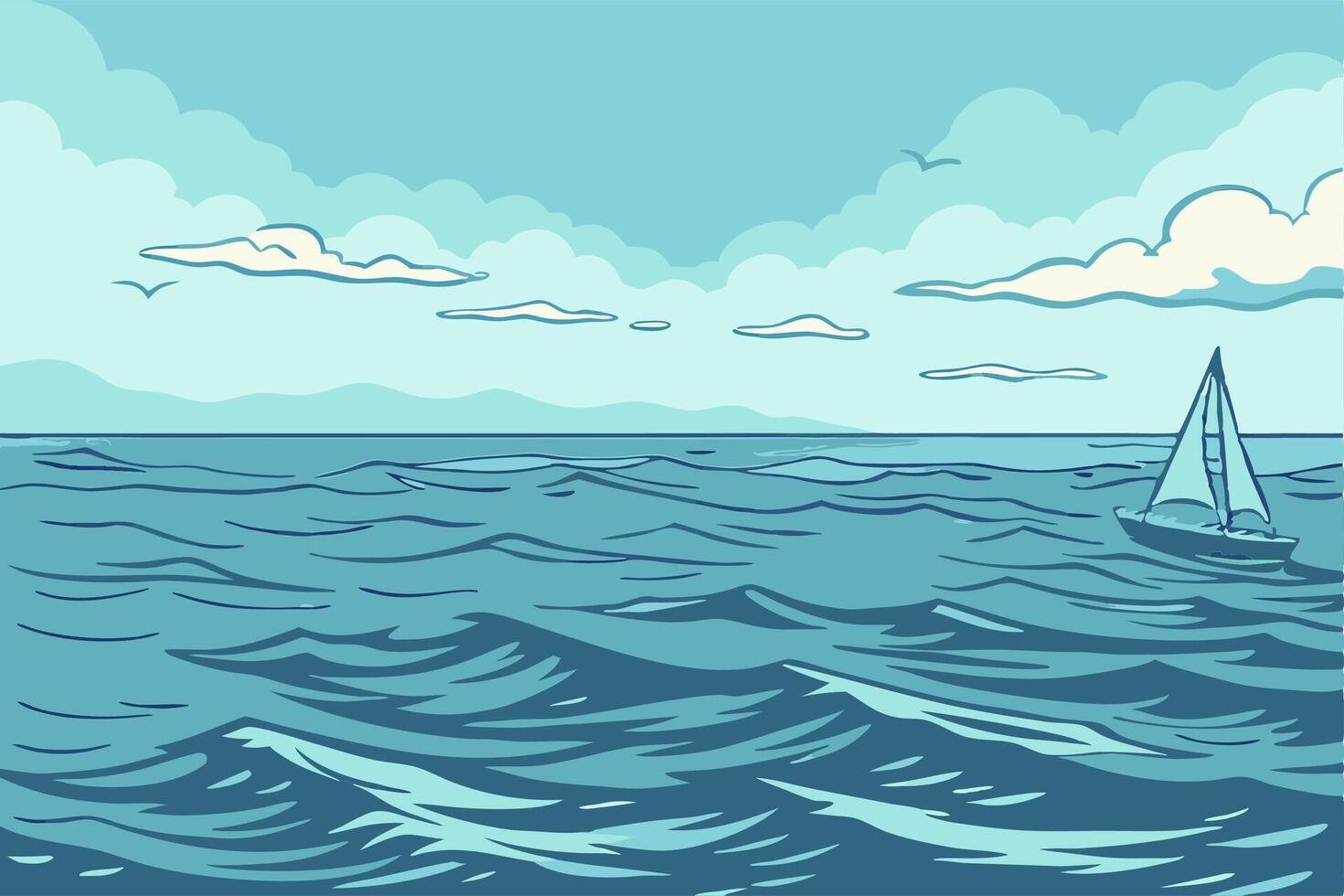 Sailboat on Ocean, Blue Sea Landscape, Summer Vacation vector