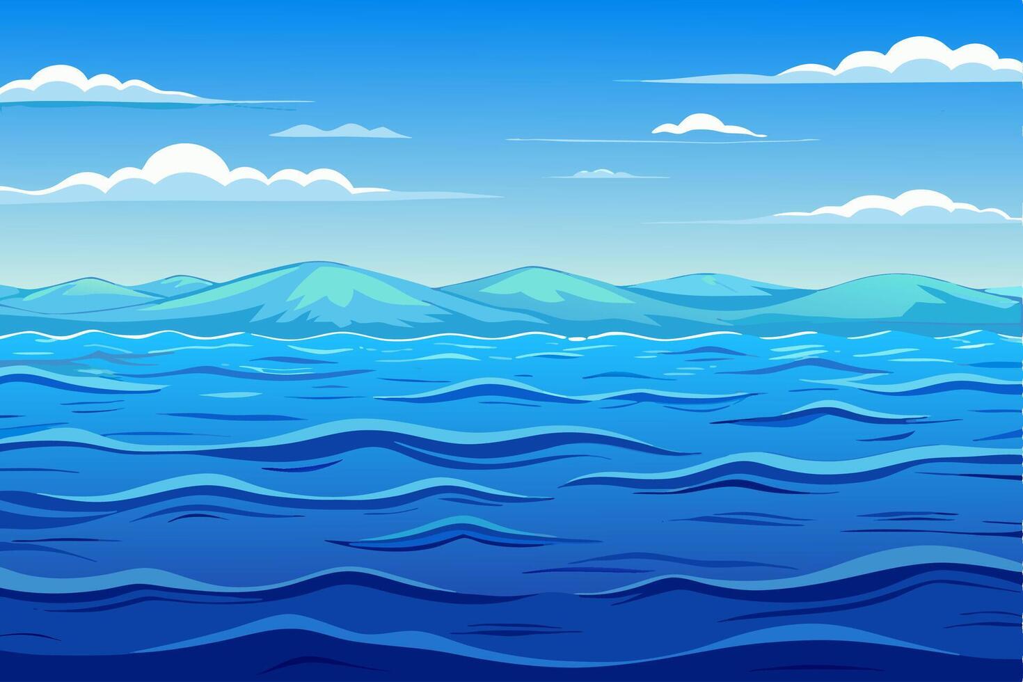 Ocean Landscape Blue Waves, Mountains, Sky Background vector