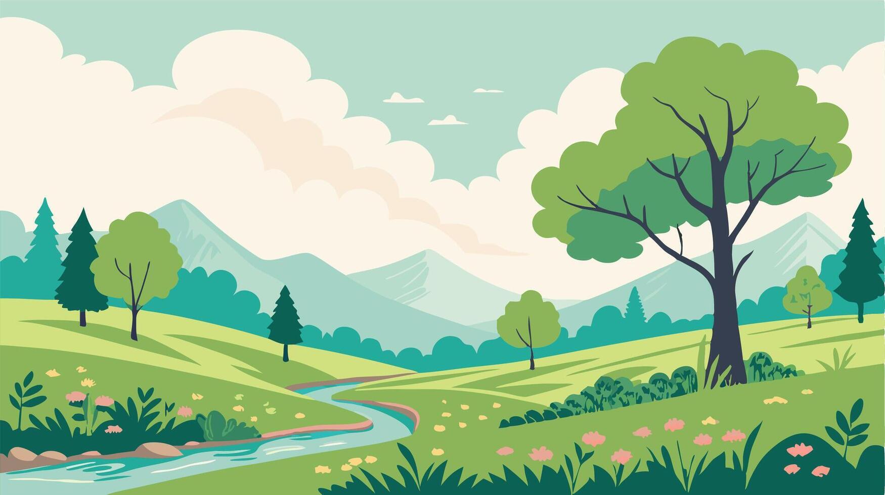 Serene Spring Landscape Rolling Hills, River, and Trees vector