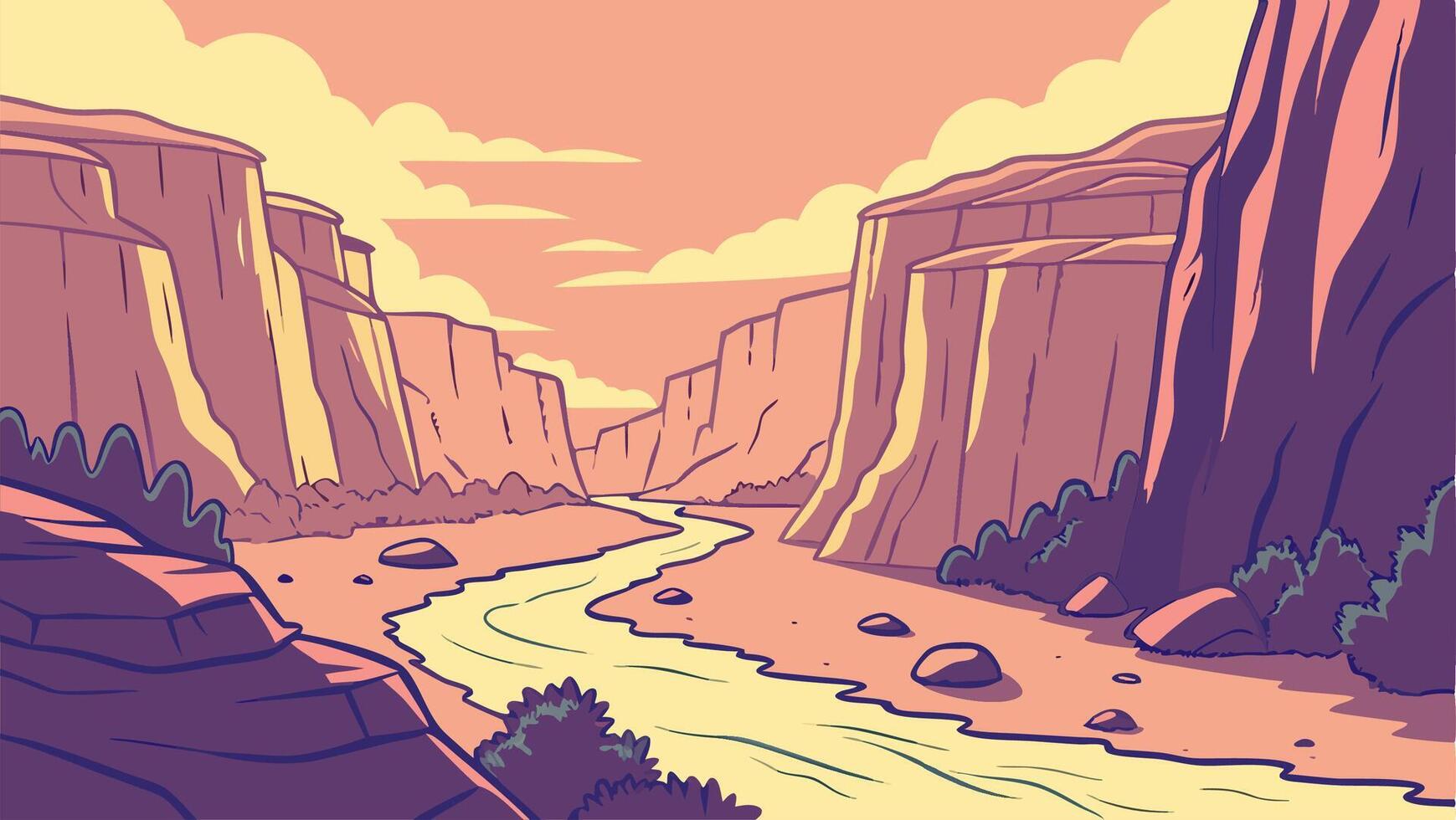 Canyon River Landscape Illustration Sunset Cliffs and Winding River vector