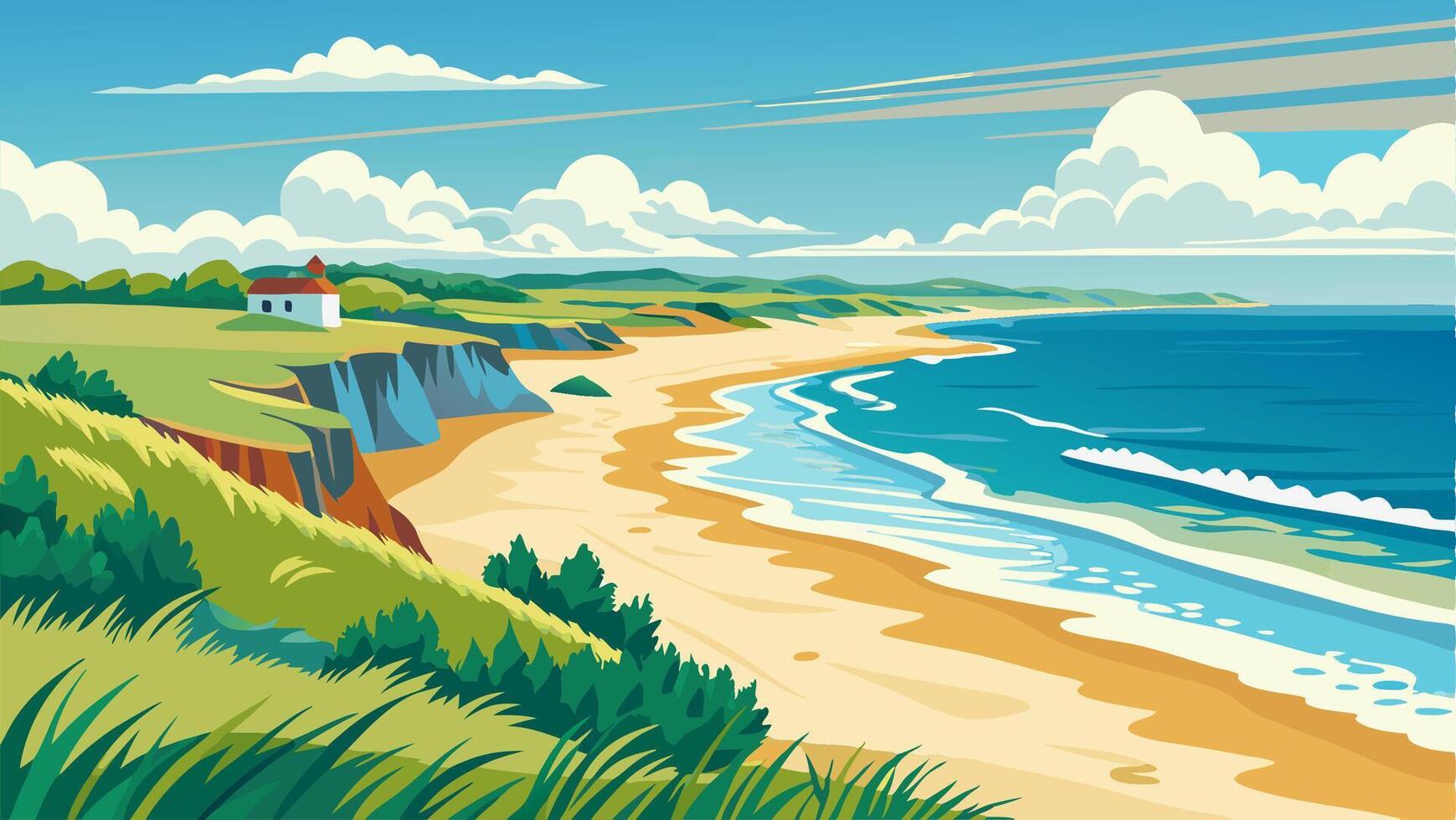 Coastal Landscape Sandy Beach, Cliffs, and House vector