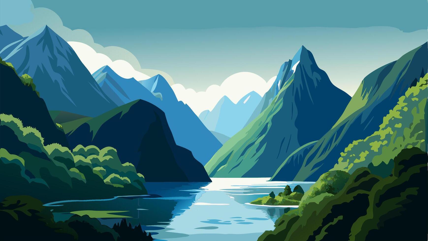 Serene Mountain Lake Landscape Majestic Peaks and Lush Green Valley vector