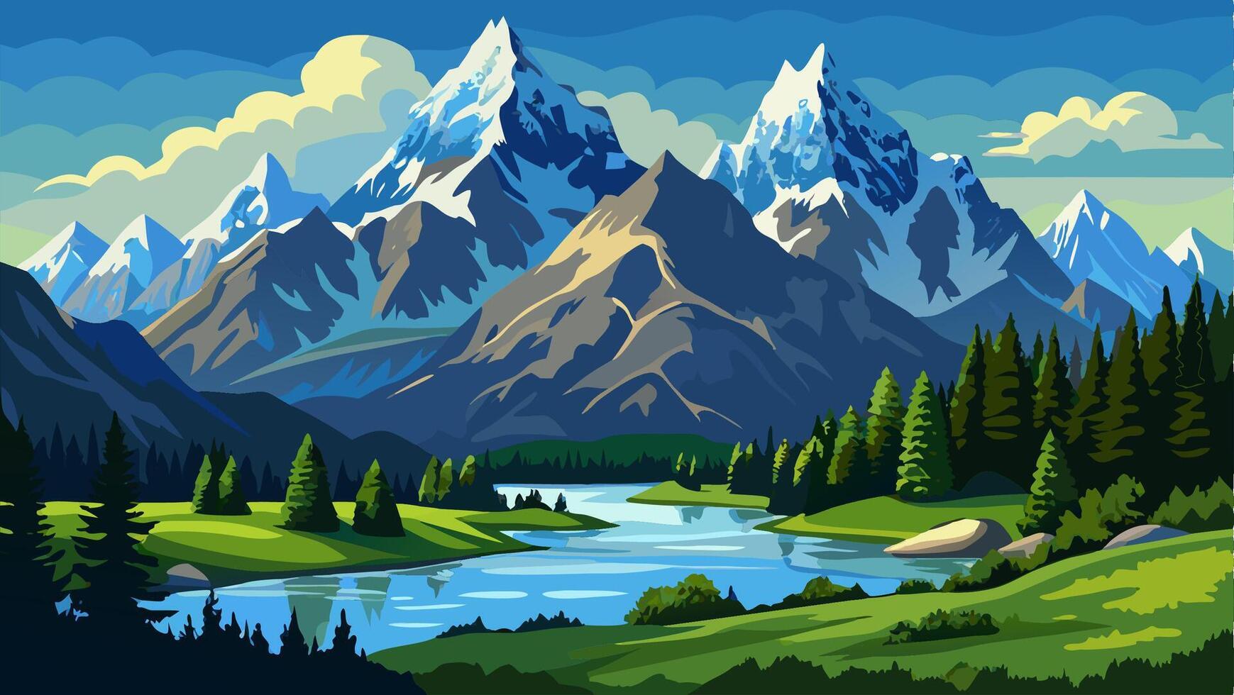 Majestic Mountain Range with Serene Lake and Lush Green Valley vector
