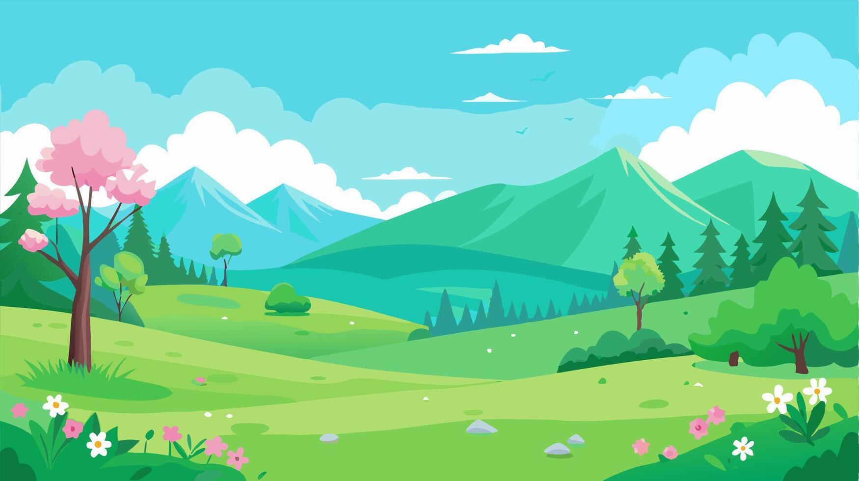 Spring Meadow Landscape Green Field, Mountains, Pink Blossom Tree vector