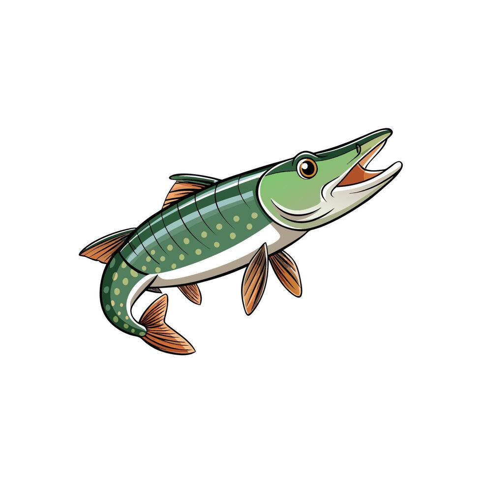 Cartoon illustration of a green pike fish with open mouth vector