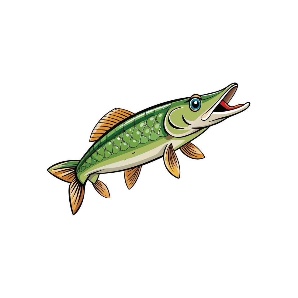 Northern Pike fish cartoon illustration with detailed scale pattern vector