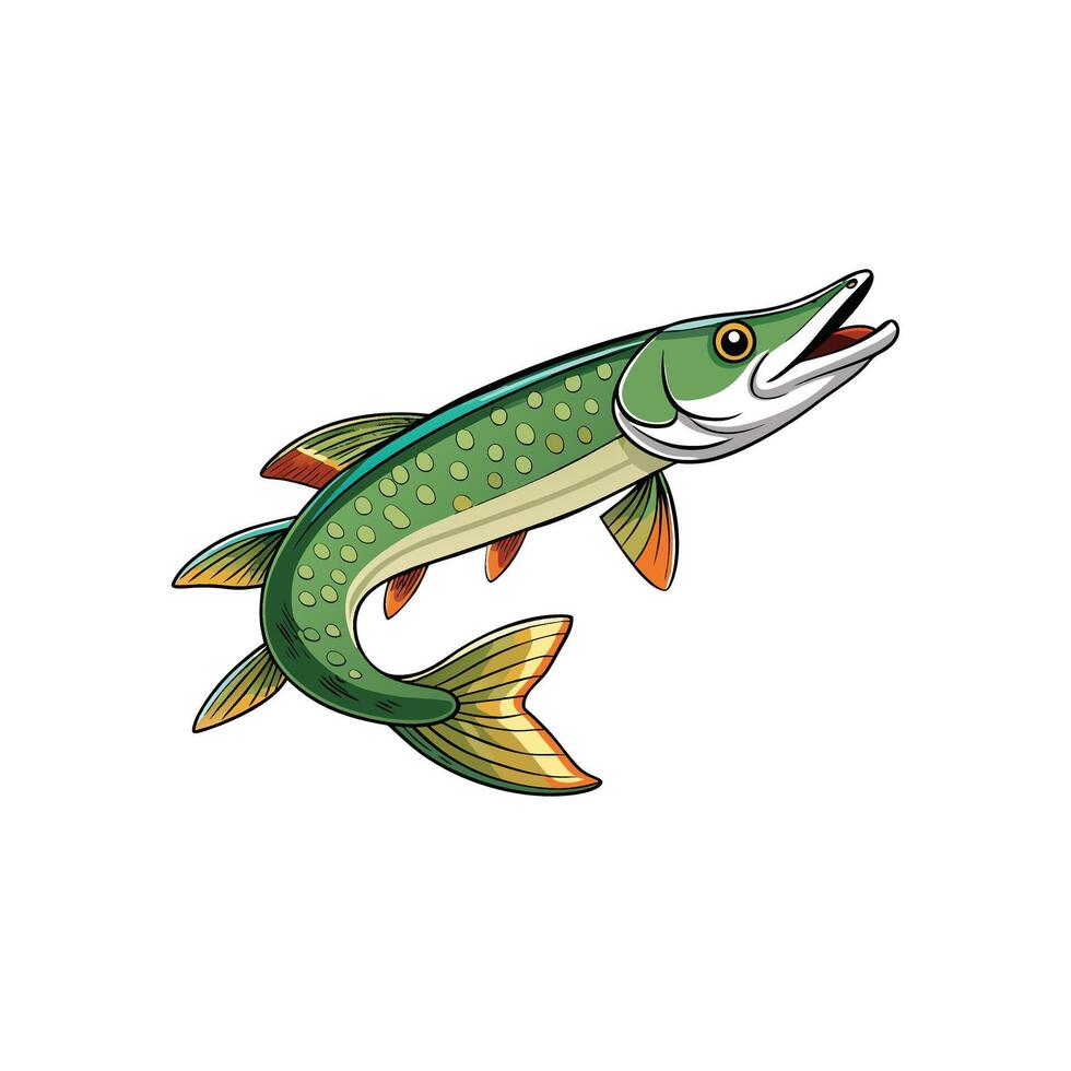 Cartoon Northern Pike Illustration with Green and Gold Colors vector