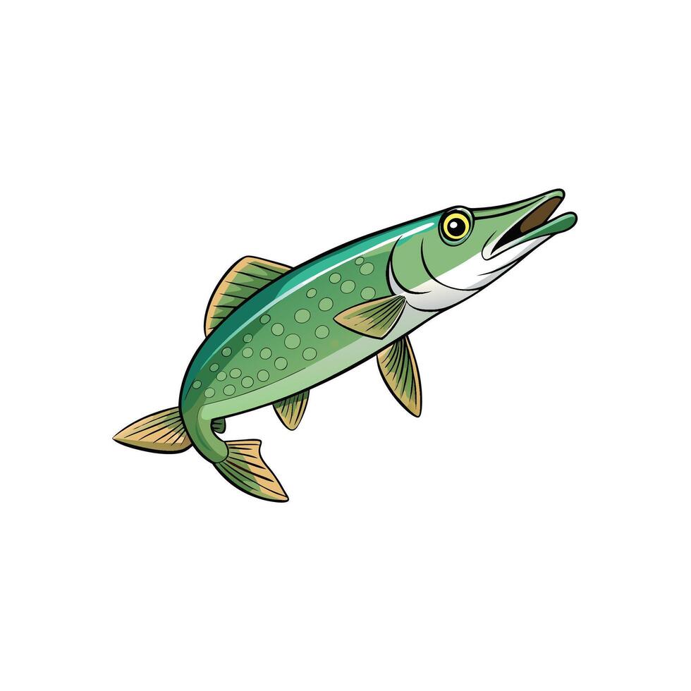 Green cartoon northern pike illustration on white background vector