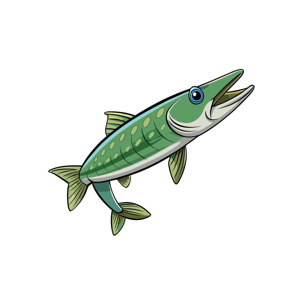 Cartoon pike fish illustration in green and blue color vector