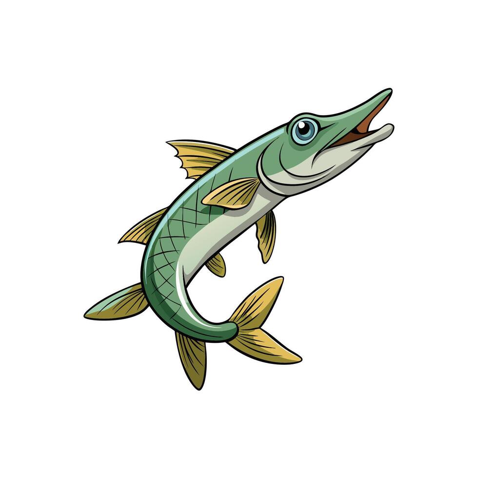 Cartoon Muskie Fish Leaping, open mouth, white background vector