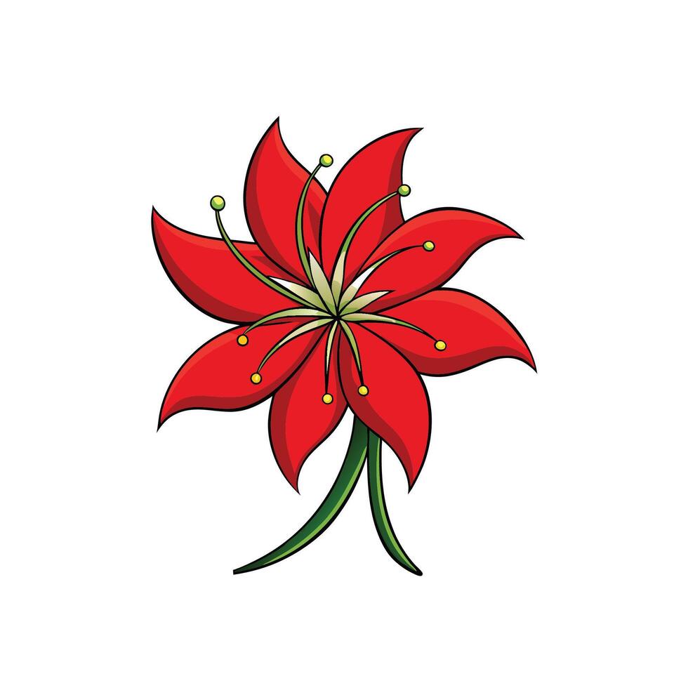 Stylized red flower illustration with black outline on white vector