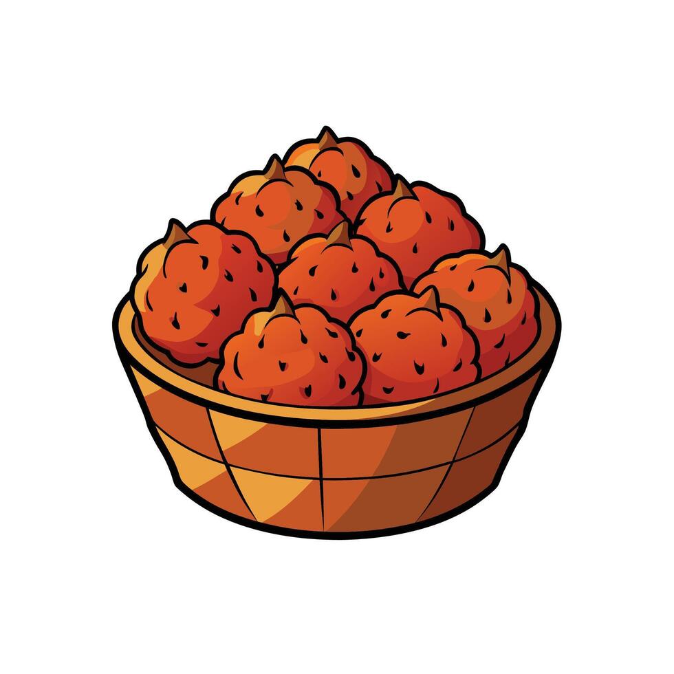 Basket overflowing with vibrant orange pumpkins, cartoon style illustration vector