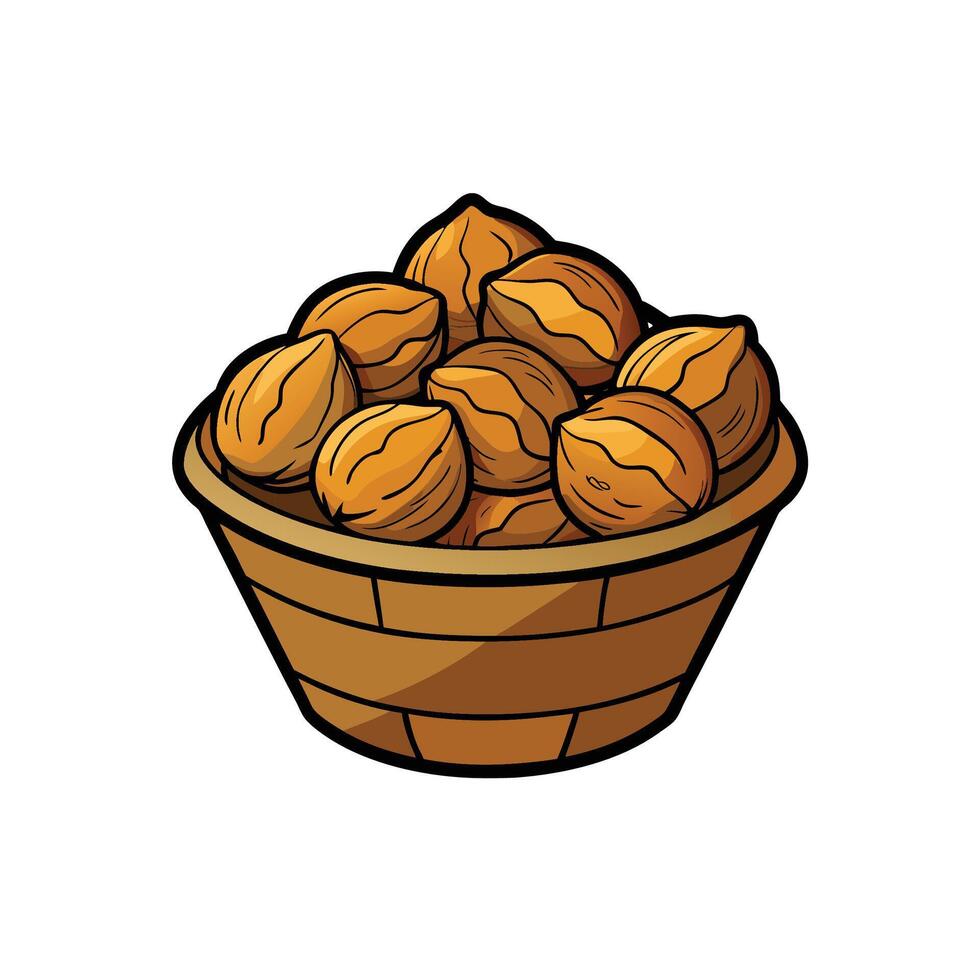 Cartoon basket overflowing with shelled nuts against white background vector