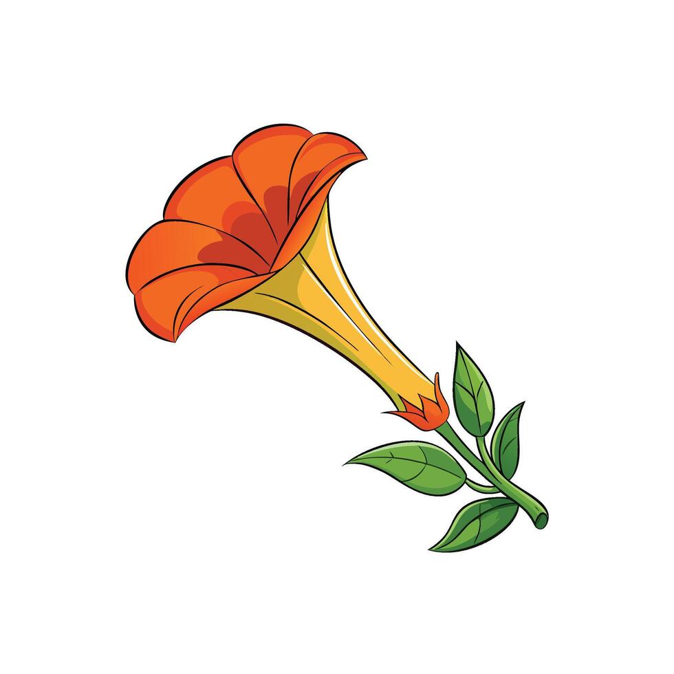 Bright orange cartoon flower blossom with green leaves vector