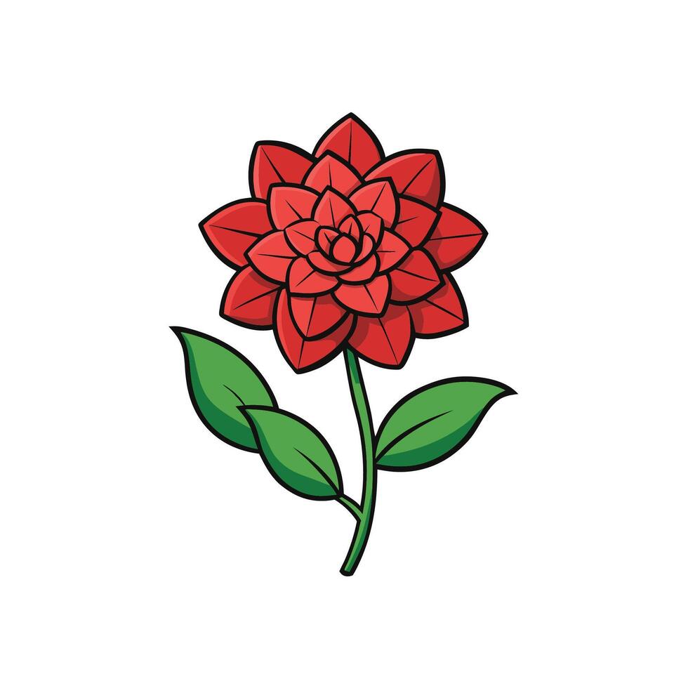 Stylized red flower with green leaves on white background. vector