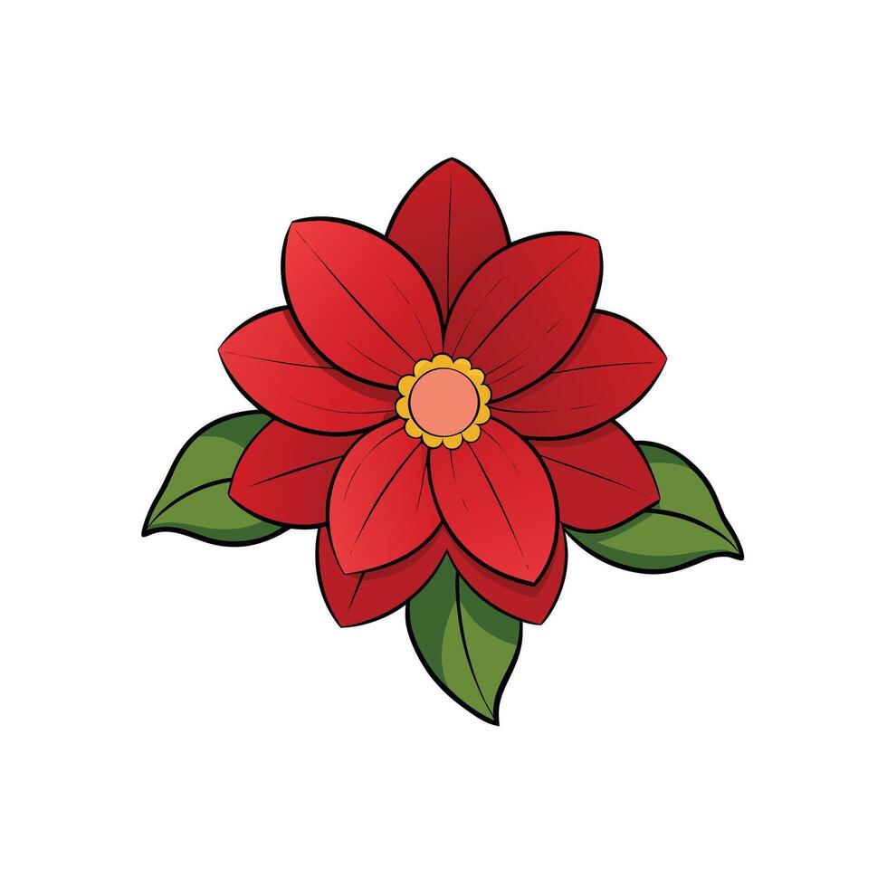 Stylized Red Flower Illustration on White Background with Green Leaves vector