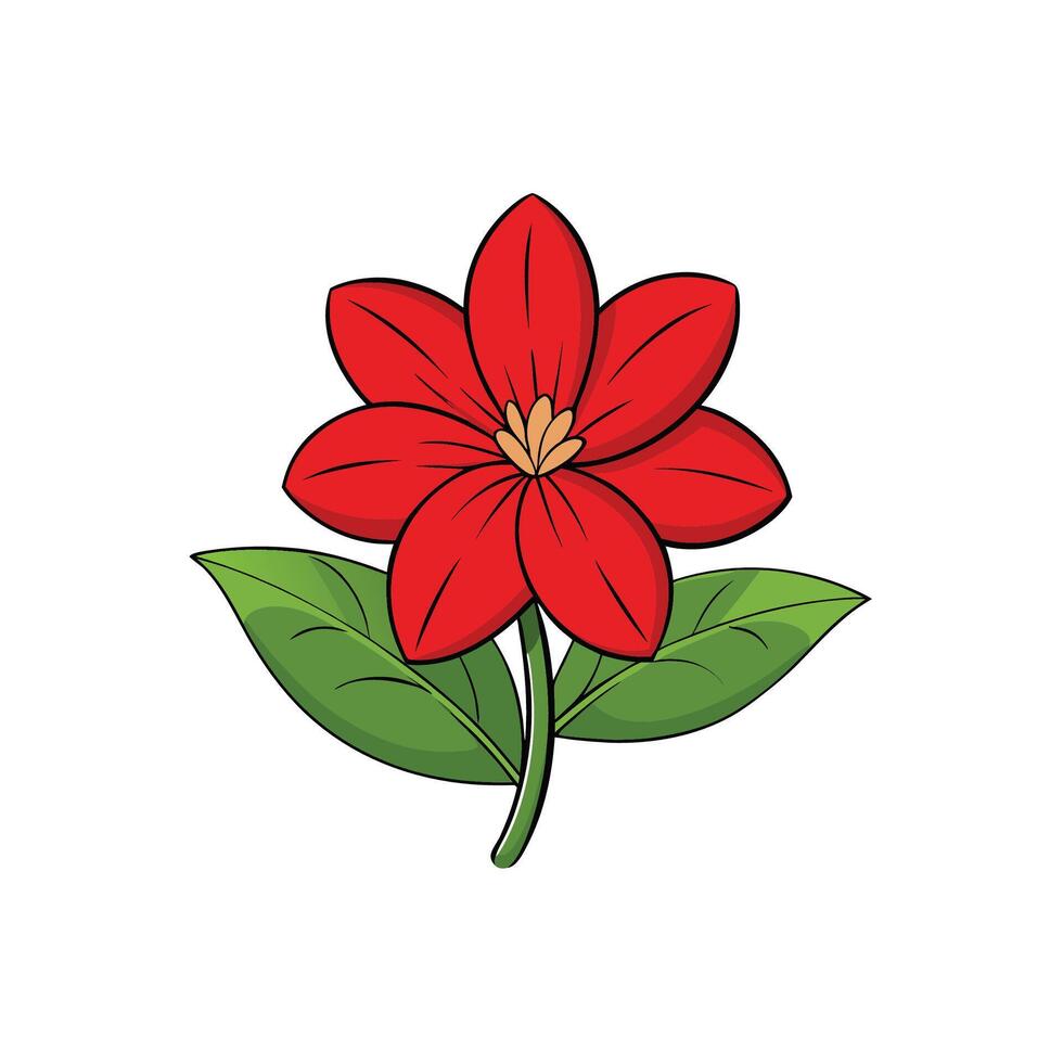 Bright red flower illustration with green leaves, stylized design vector