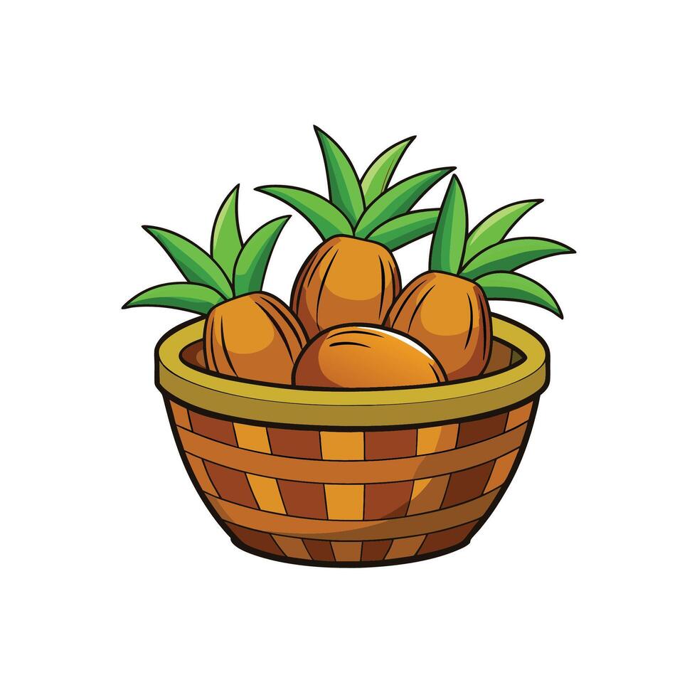 Cartoon Style Woven Basket with Ripe Pineapples Inside vector