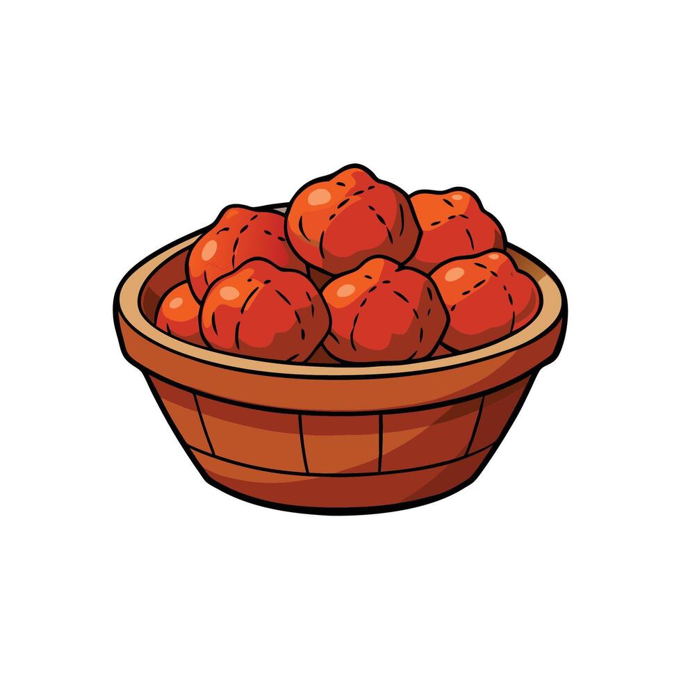 Illustration of reddish brown fruit in a wooden bucket vector