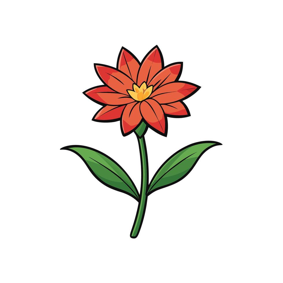 Vibrant orange flower on stem with green leaves, isolated. vector