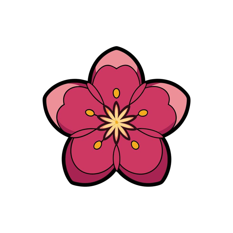 Single stylized pink flower blossom with black outline on white vector
