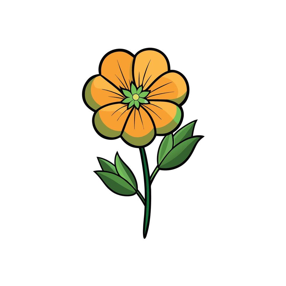 Stylized orange flower with green leaves illustration on white vector