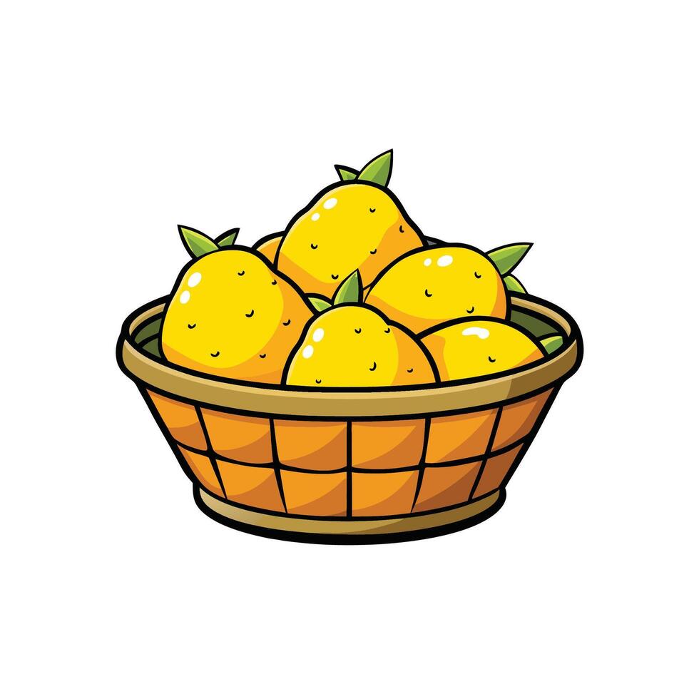Bright cartoon mangoes in basket overflowing with fresh fruit vector