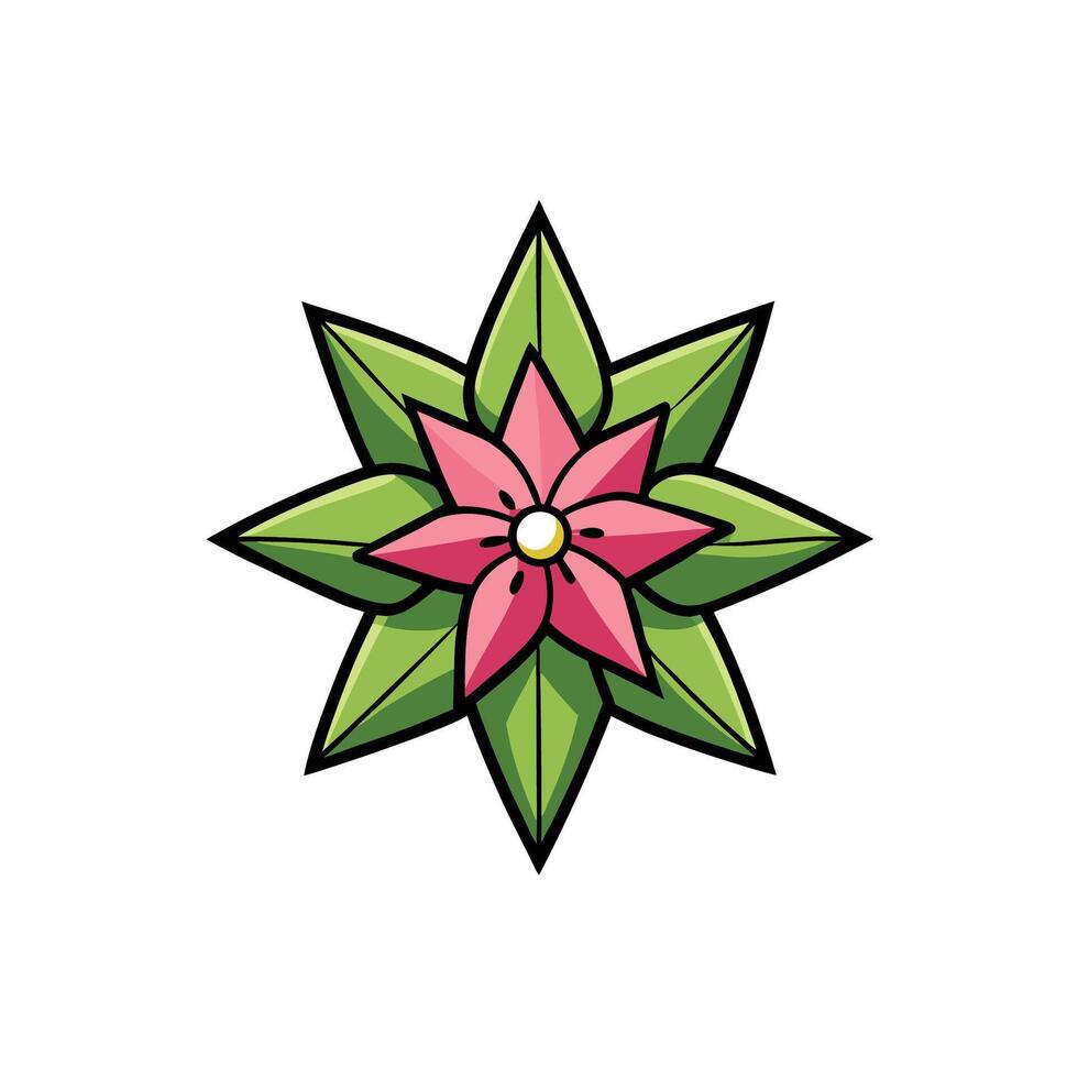 Vibrant cartoon flower icon with eight green leaves vector