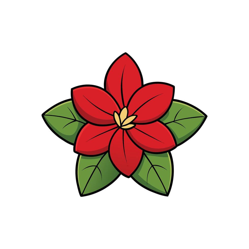 Red poinsettia flower illustration with vibrant green leaves isolated vector