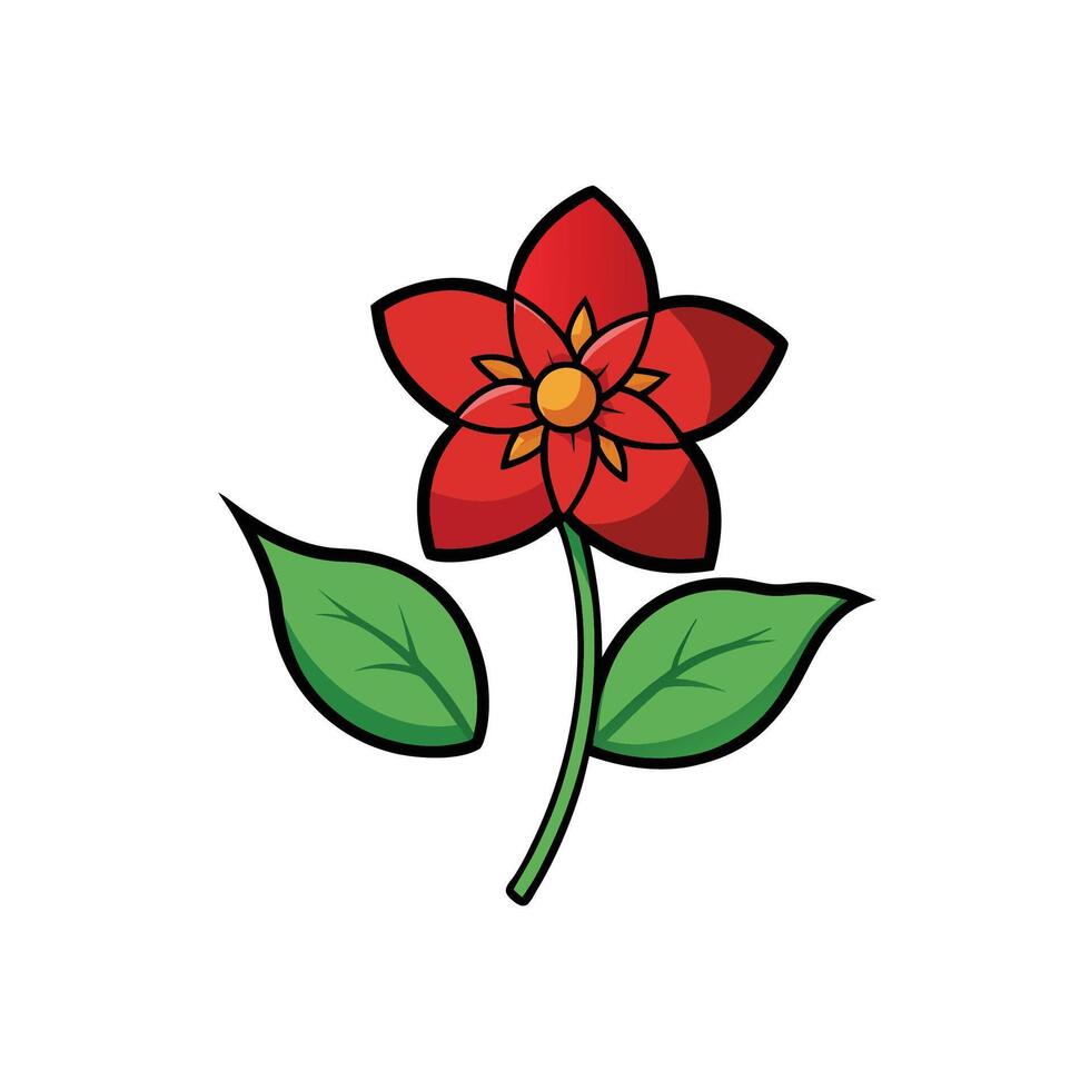 Simple cartoon red flower and green leaves illustration art vector