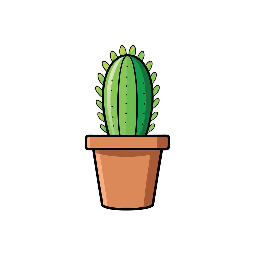 Cartoon style potted cactus with outline on white background vector