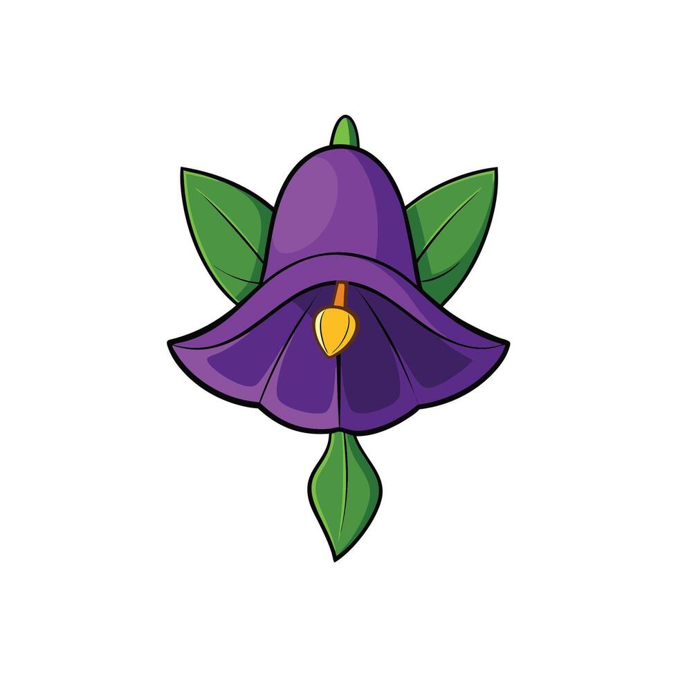 Stylized purple flower illustration with green leaves around it vector