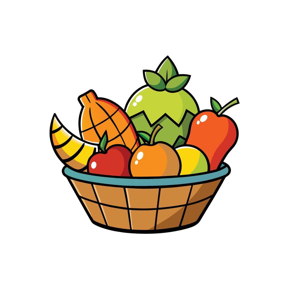 Cartoon Fruit Basket filled with fresh, colorful assorted fruits vector