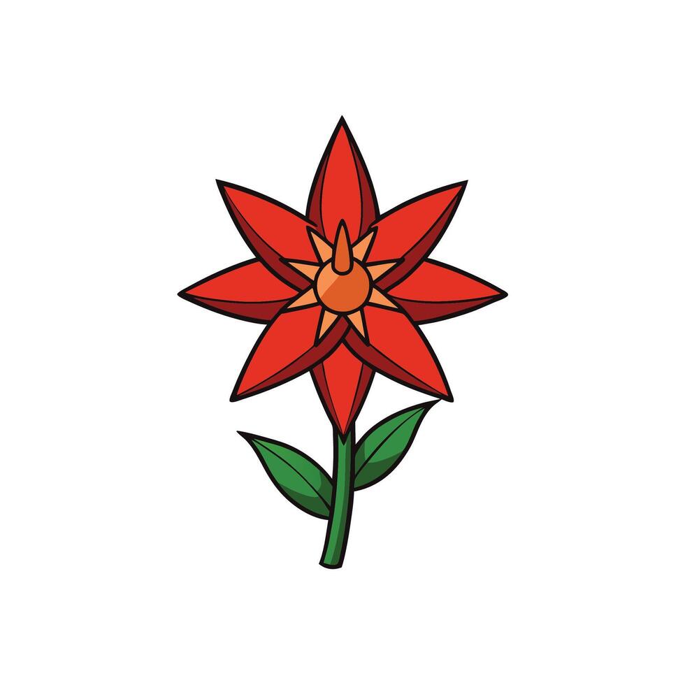 Stylized red flower with green stem and leaves illustration vector