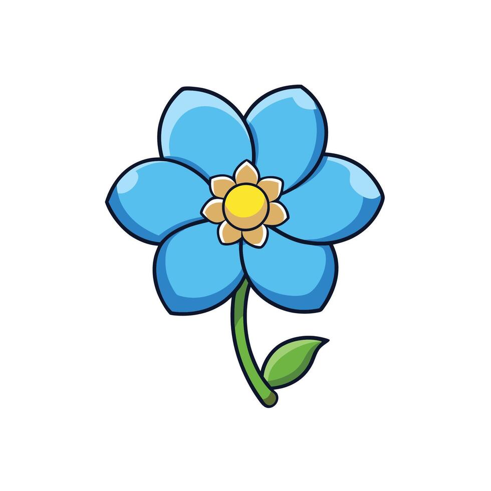 Stylized cartoon blue flower with green stem and leaf vector