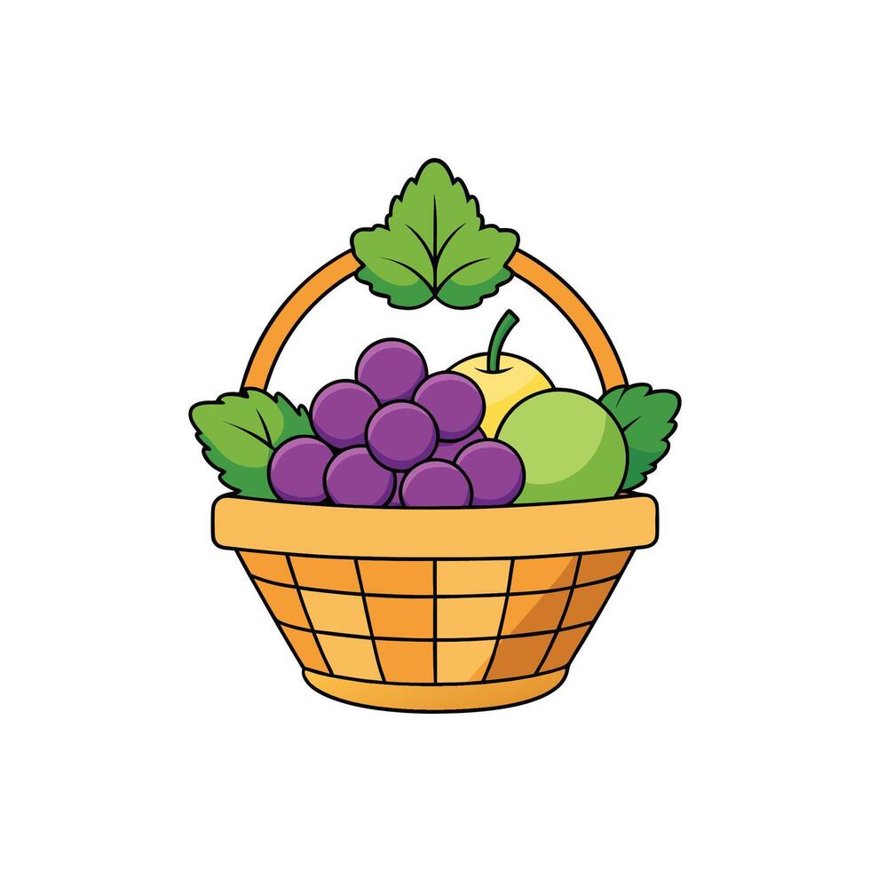 Fresh fruit basket illustration with grapes, apples and leaves vector