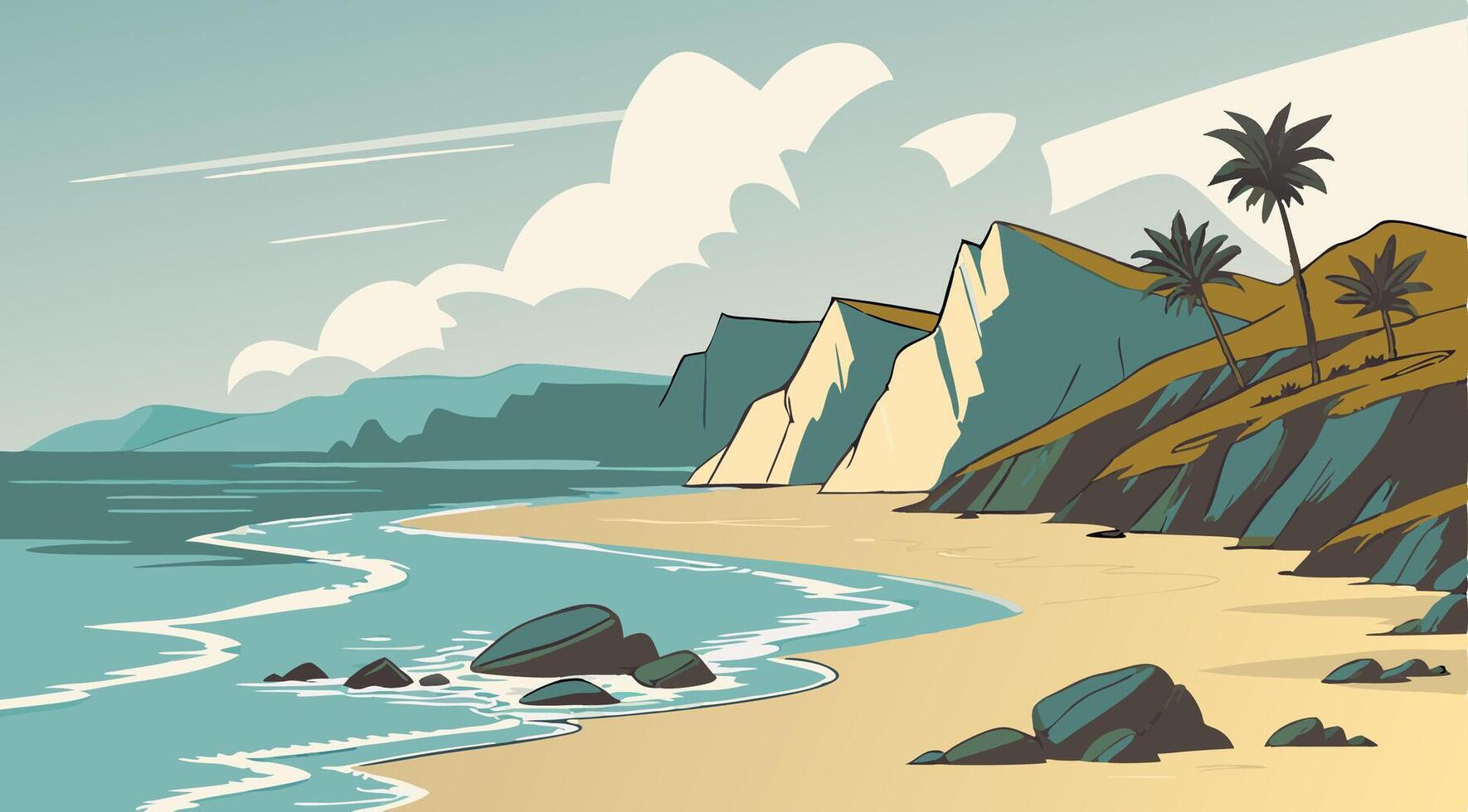 Serene Beach Scene Coastal Cliffs, Palm Trees, Ocean Waves vector