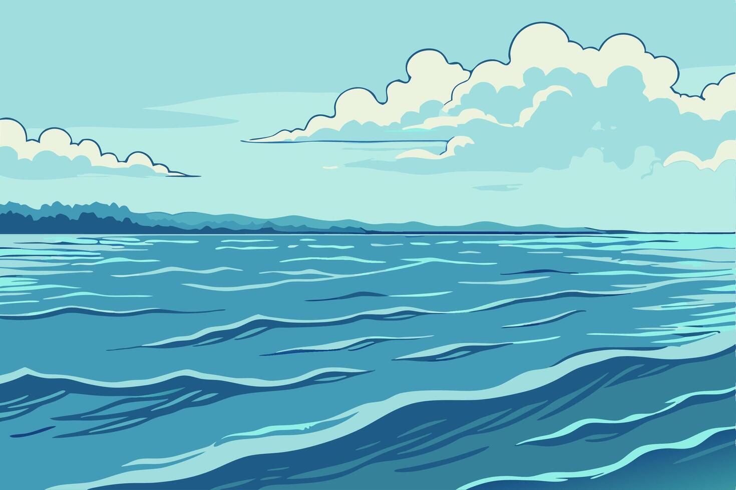 Calm Ocean Scene Blue Water, Clouds, and Distant Shore vector