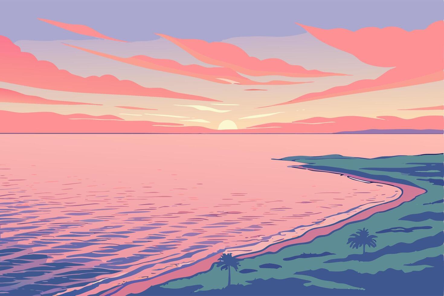 Pink Sunset Over Ocean Beach Calm Coastal Scene vector