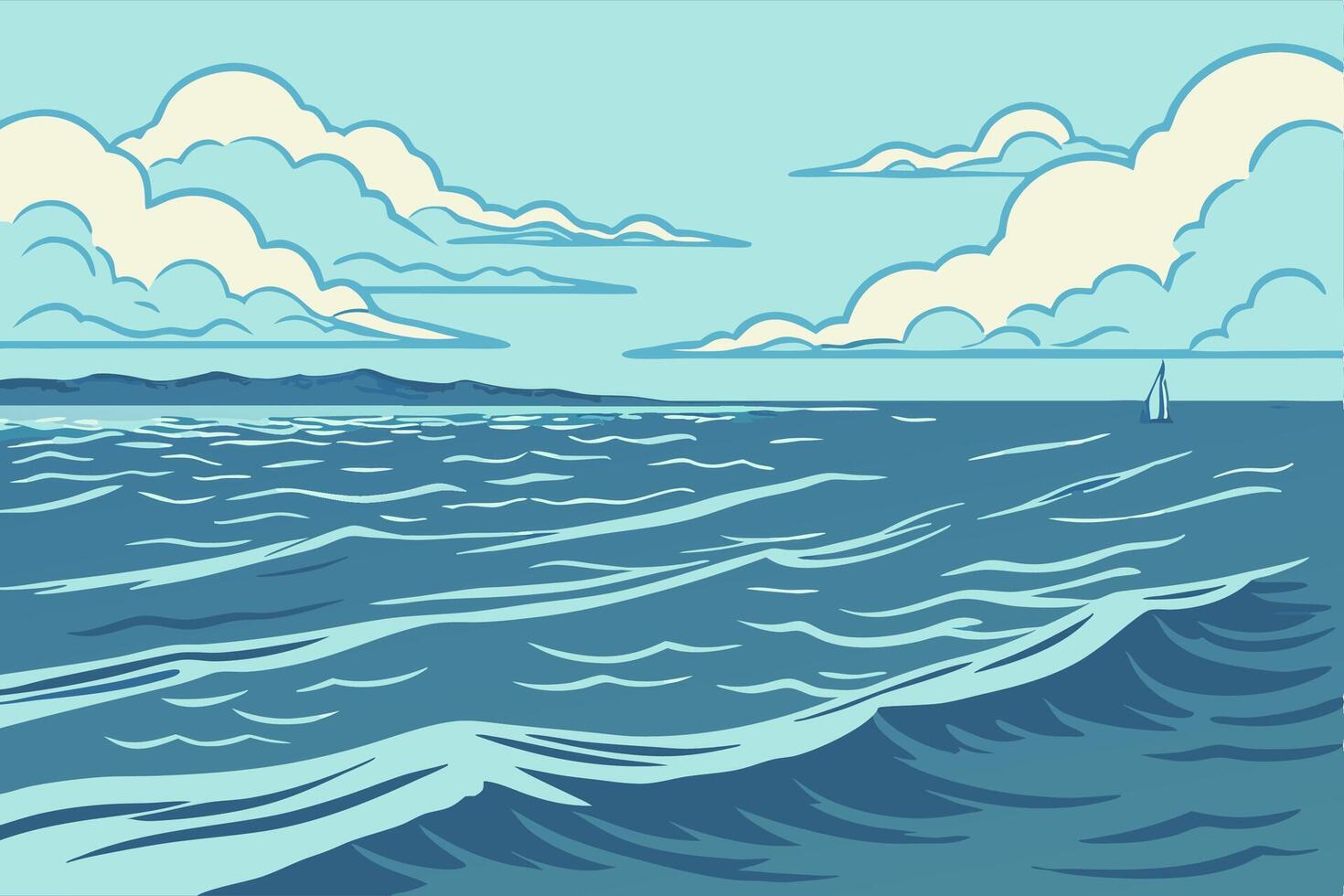 Ocean waves illustration, sailboat, seascape art vector