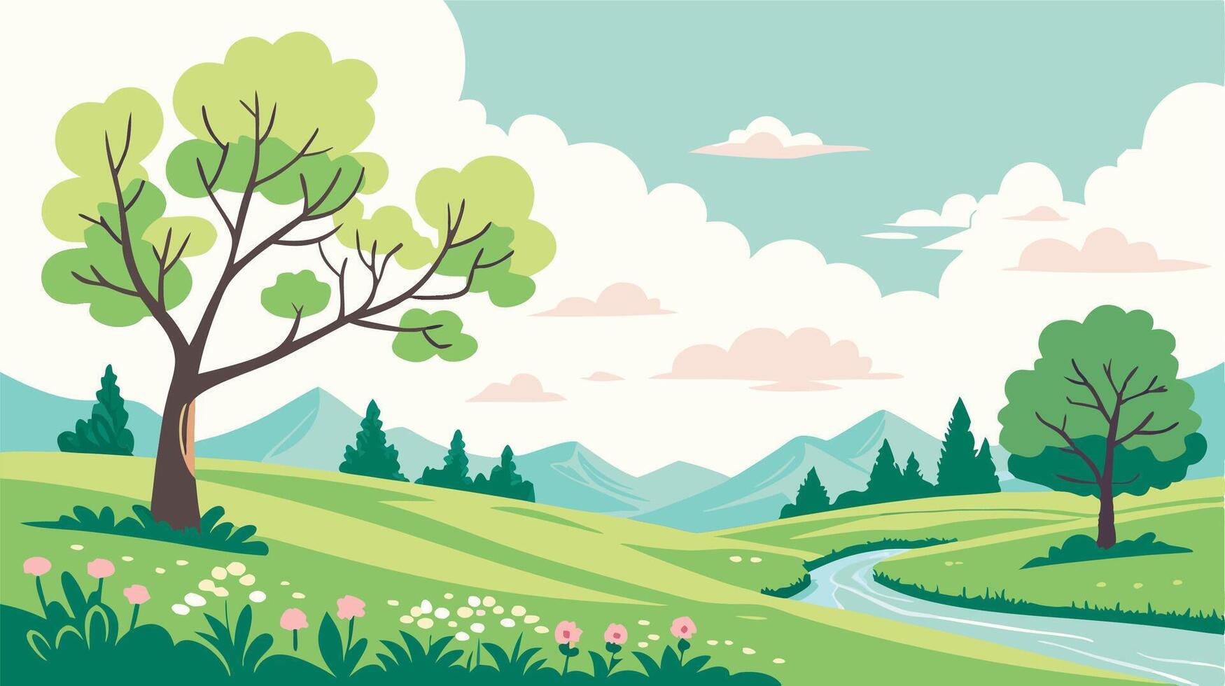 Serene Spring Landscape Green Hills, River, Trees vector