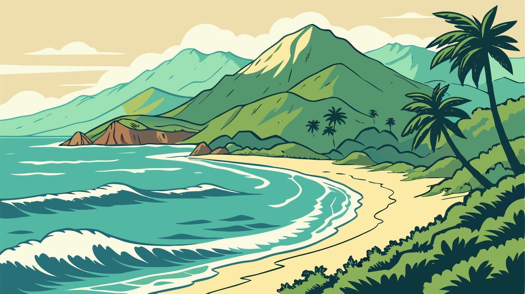 Tropical Beach Scene Ocean Waves, Sandy Shore, Lush Mountains vector