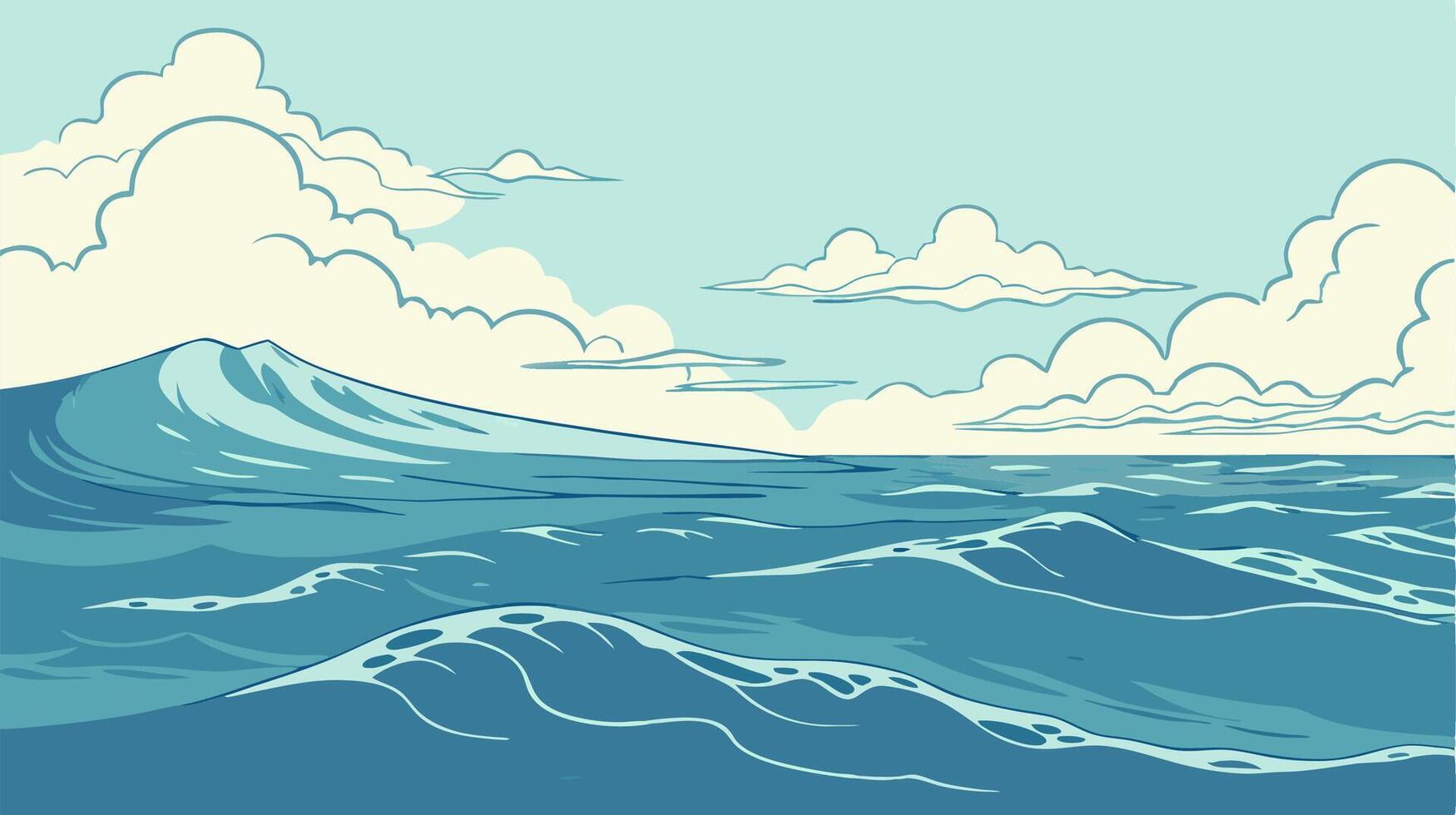Ocean Wave Background Blue Water, Clouds, Summer Seascape Illustration vector